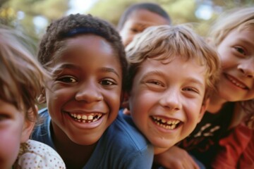 Group of children smiling and looking at the camera in the park.