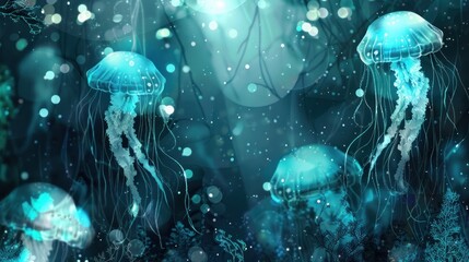 Glowing jellyfish underwater fantasy