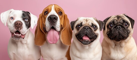 Fototapeta premium Four dogs of different breeds posing against a pink background, all looking forward with happy expressions.