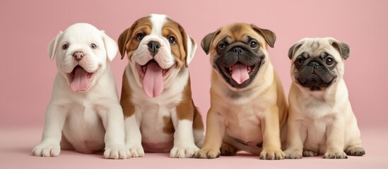 Four happy puppies sitting side by side against a pink background, showing playful and joyful expressions.