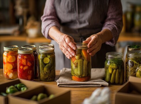 An elderly person seals a jar of homemade pickles, surrounded by various jars of preserved vegetables on a wooden table.