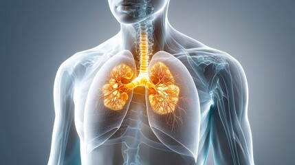 Transparent 3D digital rendering showing detailed x ray view of the human body s internal respiratory system and lungs  Anatomy model displaying the rib cage thorax