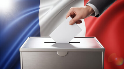 A powerful image symbolizing French democracy, with a hand casting a ballot into a sleek ballot box against the backdrop of the national flag