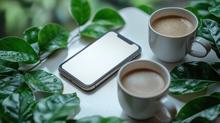 Cozy and productive workspace setup with laptop coffee mug and lush green plants creating a refreshing and inspiring environment for remote work freelance or office routine
