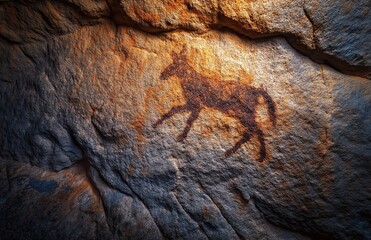 Ancient cave painting of an animal, possibly a horse or deer, depicted on a rough stone surface with earthy tones and natural textures.