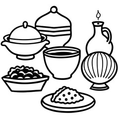 Hand drawn Dinner food dish collection line art vector in white background