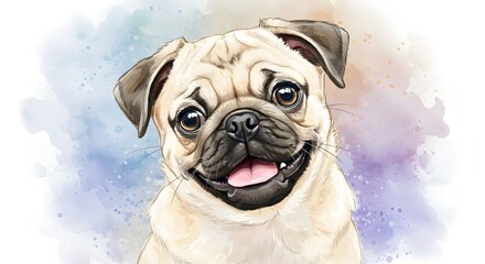 Pug wallpaper, watercolor portrait painting of pug dog puppy, ideal for greeting cards, wallpapers, or cozy interior decor