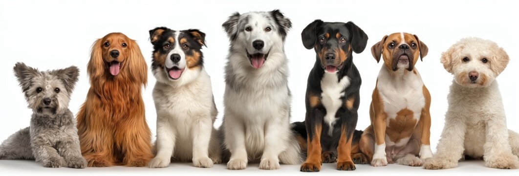 Seven different dog breeds sitting side by side against a white background, looking forward with attentive expressions.