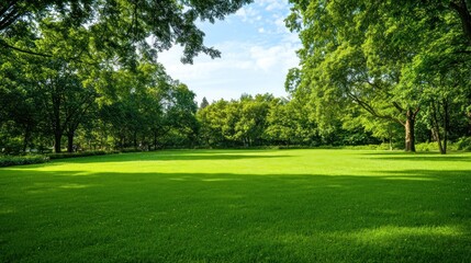 Fototapeta premium Green lawn and trees park scene