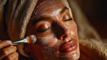 Woman Enjoying Skincare Treatment with Facial Mask and Brush