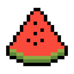 pixel art image of a watermelon. The watermelon is cut in half and has a green stem. The image is bright and colorful. design for all business