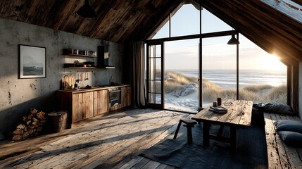 Cozy rustic interior with sunlight and ocean view in modern cabin