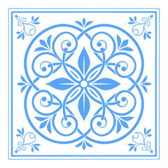 Ornamental Tile Design: A symmetrical, ornate tile design in serene blue showcases intricate floral patterns, evoking elegance, and timeless design.