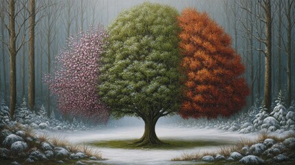 Three-season tree in a snowy forest