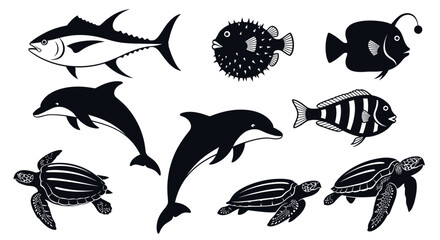 Naklejka premium Sea Animal Silhouettes Vector Set – Fish, Dolphins, Turtles