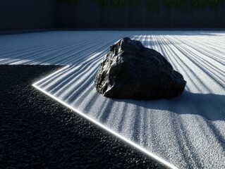 Zen garden rock arrangement minimalist landscape digital art calm environment shadow play serenity concept