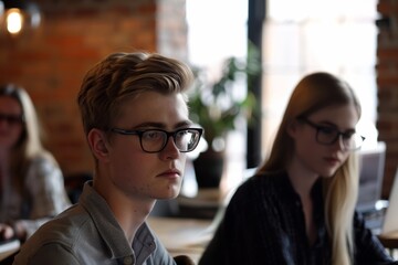 Portrait of young handsome man with glasses in hipster cafe.