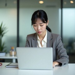 Young Asian Businesswoman Focused on Laptop in Modern Office