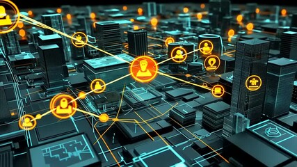 Futuristic cityscape showcasing interconnected digital networks with glowing icons representing users and services - Powered by Adobe