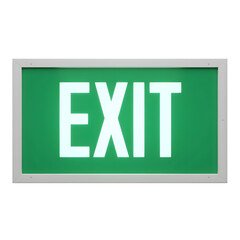 rectangular exit sign with a green background and bold white 'EXIT' text, glowing effect for illuminated appearance, clean and modern design, subtle metallic frame with faint wear, studio lighting