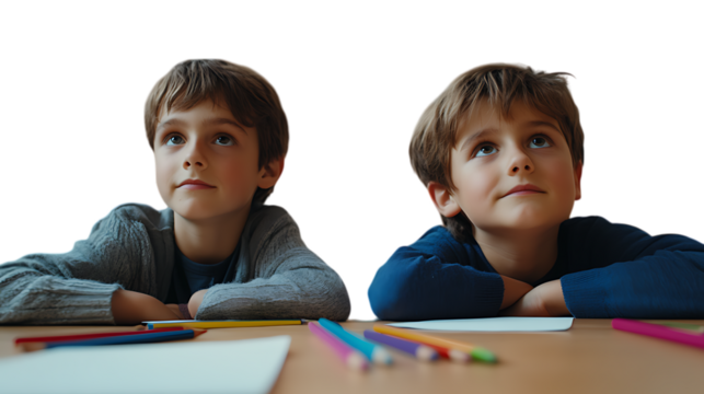 Two boys daydreaming at a table with colorful pencils.