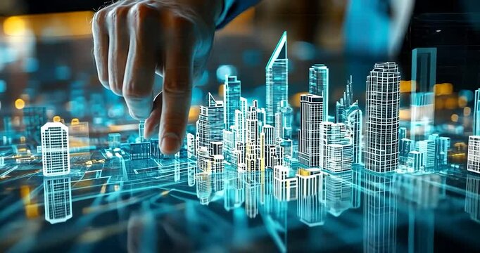 Hand interacting with a digital 3D model of a city, showing urban planning and technology.