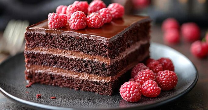Delicious chocolate cake slice layered with frosting and topped with fresh raspberries on a dark plate.