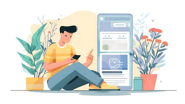 Young Man Using Smartphone & Browsing Online Content Illustrated