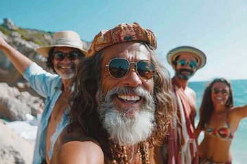 Group of happy friends having fun on the beach. Summer vacation concept