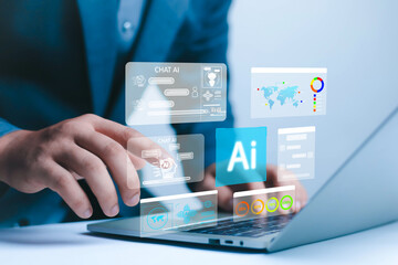 Businessman using technology connecting to the internet around the world, chatting, chatting with...