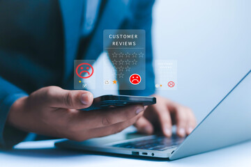 concept customer dissatisfaction experience Unhappy business customer with sad face, bad review, bad service, dislike, poor quality, low rating, bad social media.	
