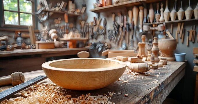 Wooden bowl on a workbench in a wood workshop, surrounded by wood shavings and tools.
