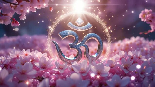Sacred Om Symbol Amidst Blossoms: The Om symbol shimmers amid a serene, radiant display of cherry blossoms and delicate pink hues.