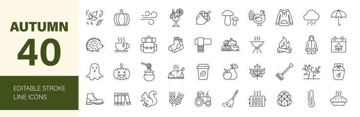 Autumn icon set. Containing season, fall, Halloween, Thanksgiving Day, pumpkin, turkey, falling leaves, mulled wine, maple leaf, rain and more. Editable line icons. Vector illustration.