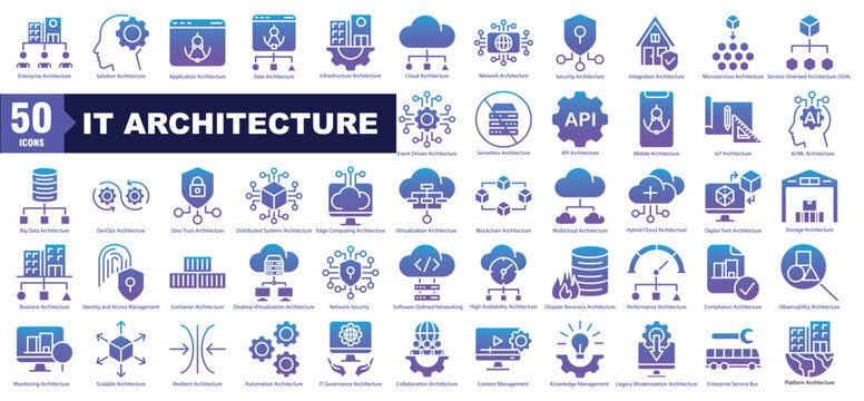 IT architecture glyph gradient icon set