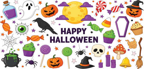 Halloween cute element set. Hat, ghost, bat, candy, fun pumpkins, witch's cauldron, spider. Perfect for stickers, greeting card, party invitation, poster. Hand drawn flat vector illustration. 