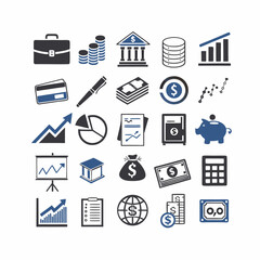 Finance Icons Set: A comprehensive collection of finance-related icons, including briefcase, coins, bank, credit card, graph, piggy bank, money, calculator, and more, ideal for financial websites.