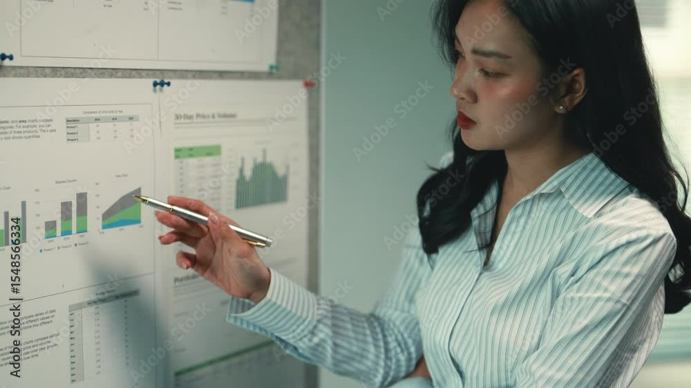 Poster professional businesswoman analyzing financial charts and graphs, highlighting key data points in co