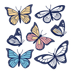 Obraz premium Collection of Fluttering Beauties: A captivating assortment of vibrant butterflies, each a masterpiece of nature's artistry, showcasing an array of colors and intricate patterns in flight.