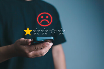 concept customer dissatisfaction experience Unhappy business customer with sad face, bad review, bad service, dislike, poor quality, low rating, bad social media.	
