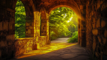 Obraz premium An ancient stone corridor with arched paths that lead to a quiet open courtyard, bathed in golden rays of sunlight through dense, green forest trees.