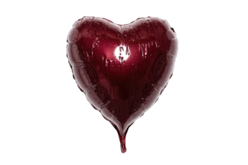 A dark red heart-shaped foil balloon is presented against a black background.  The balloon appears inflated and shiny, with subtle creases visible along its edges