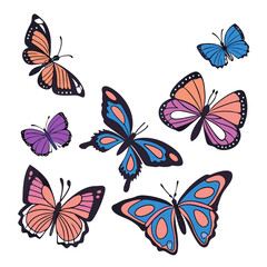 Butterfly Symphony: A collection of vibrant butterflies, with diverse wing patterns and colors, flutter against a clean background, evoking the freedom of nature and the delicacy of life.