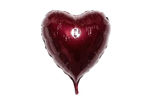 A dark red heart-shaped foil balloon is presented against a black background. The balloon appears inflated and shiny, with subtle creases visible along its edges - Powered by Adobe