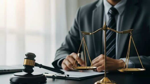Legal professional lawyer discusses retainer and the case with his clients in front of scales of justice