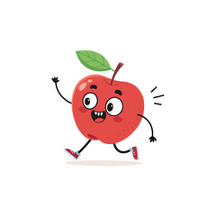 Energetic Apple Cartoon: A cheerful, animated apple with a big smile, wearing sneakers, and a leafy stem, runs with infectious energy. The image embodies fun and vitality.