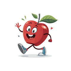 Happy Apple Cartoon: A cheerful apple with a big smile and playful eyes is joyfully walking in a dynamic pose, inviting viewers with its energetic vibe, highlighting a fun, fruit-focused concept.