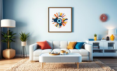A vibrant living room interior featuring a mock-up poster frame showcasing an eclectic artwork a sleek white boucle sofa a minimalist white sideboard a modern wall ornament adding a pop of color a plu