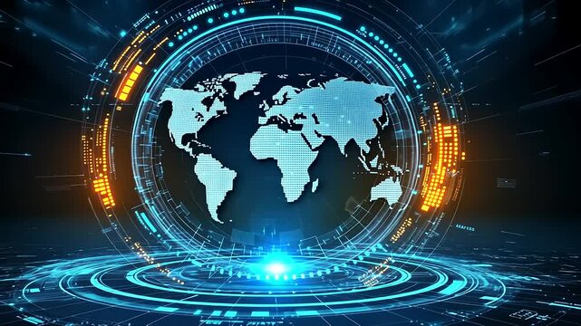 Futuristic digital world map with glowing elements showcasing technology and data visualization - Powered by Adobe