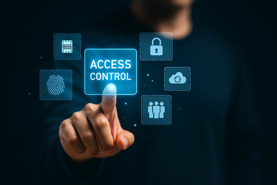 Futuristic access control interface with person touching digital hologram icons for secure login identity management biometric authentication and data protection concept unique design Pro